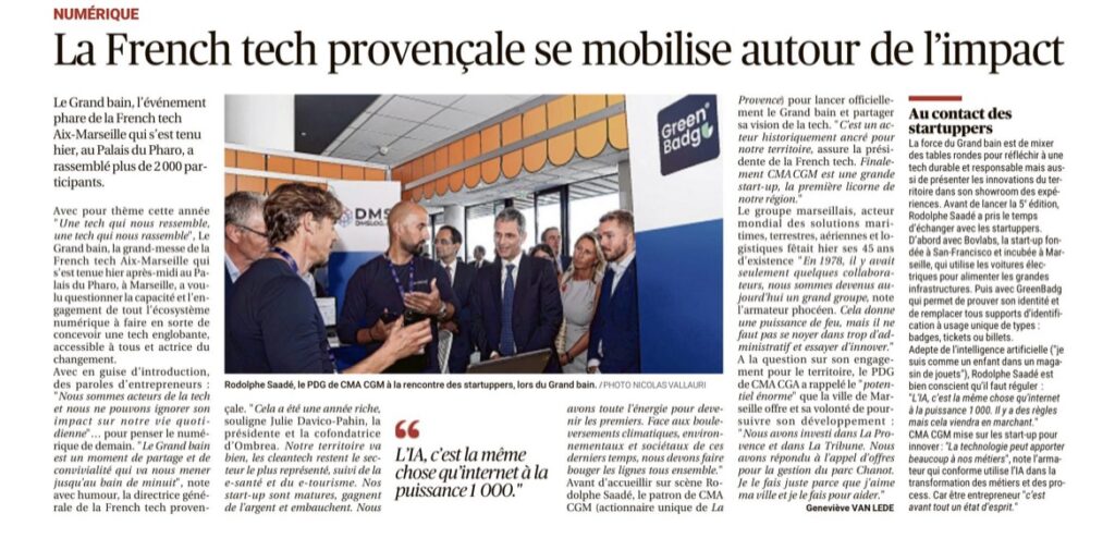Rodolphe Saadé, le PDG de CMA CGM à la rencontre des startuppers, lors du Grand bain. Pris en photo lors de la démonstration de GreenBadg Control en usage physique par Jacky Lamraoui, CEO de GReenBadg.
